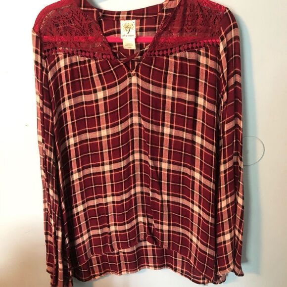 Self Esteem Tops - Self Esteem Plaid shirt with lace detail sz lg